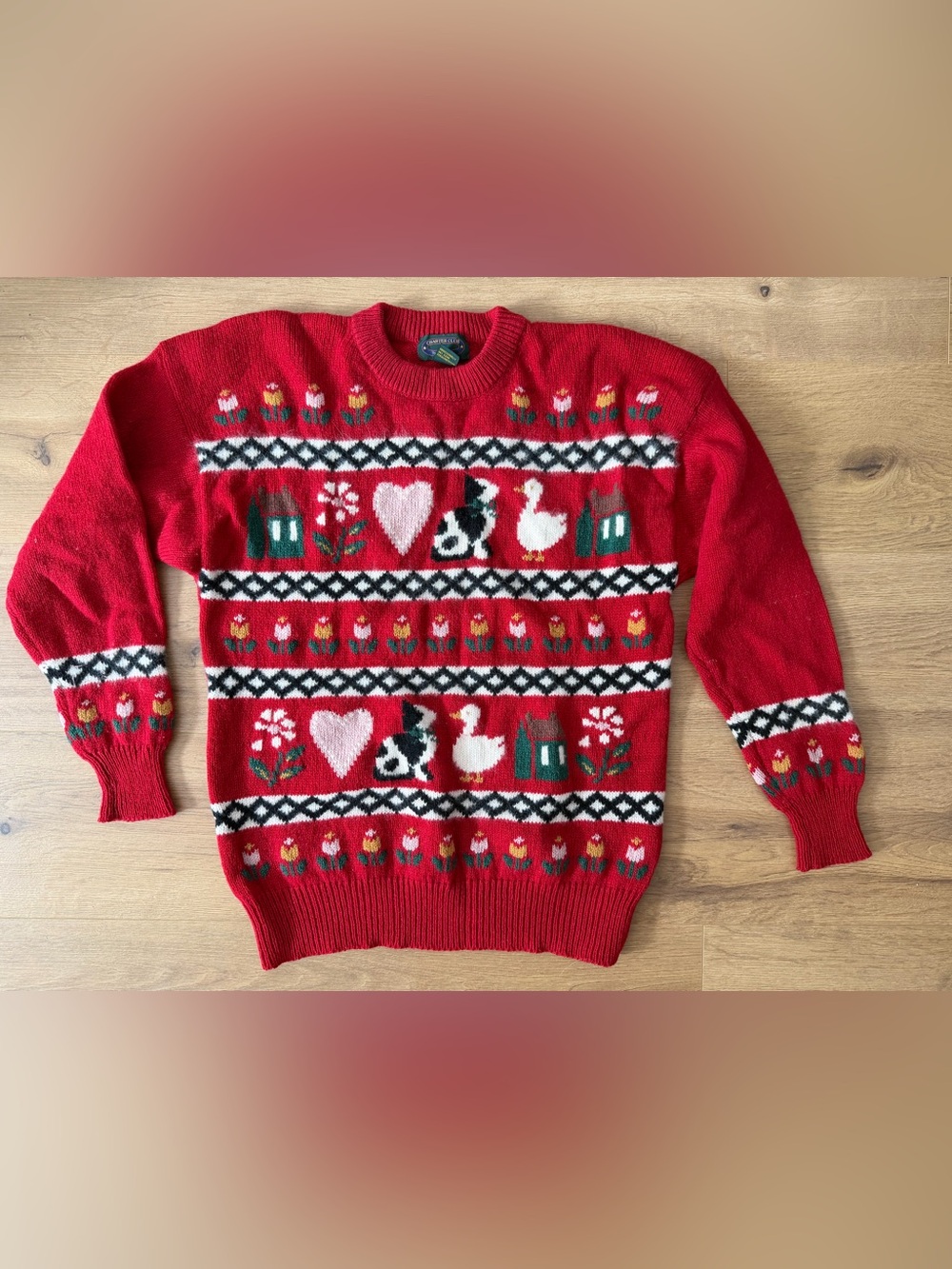 Y2K Charter Club 97% Wool Charming Red Nordic Animal & Heart Knit Sweater